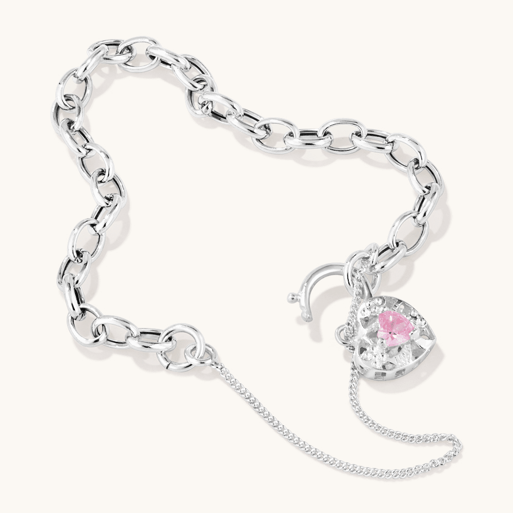15cm Children's Pink Cubic Zirconia Padlock Belcher Bracelet in Sterling Silver Bracelets Bevilles 