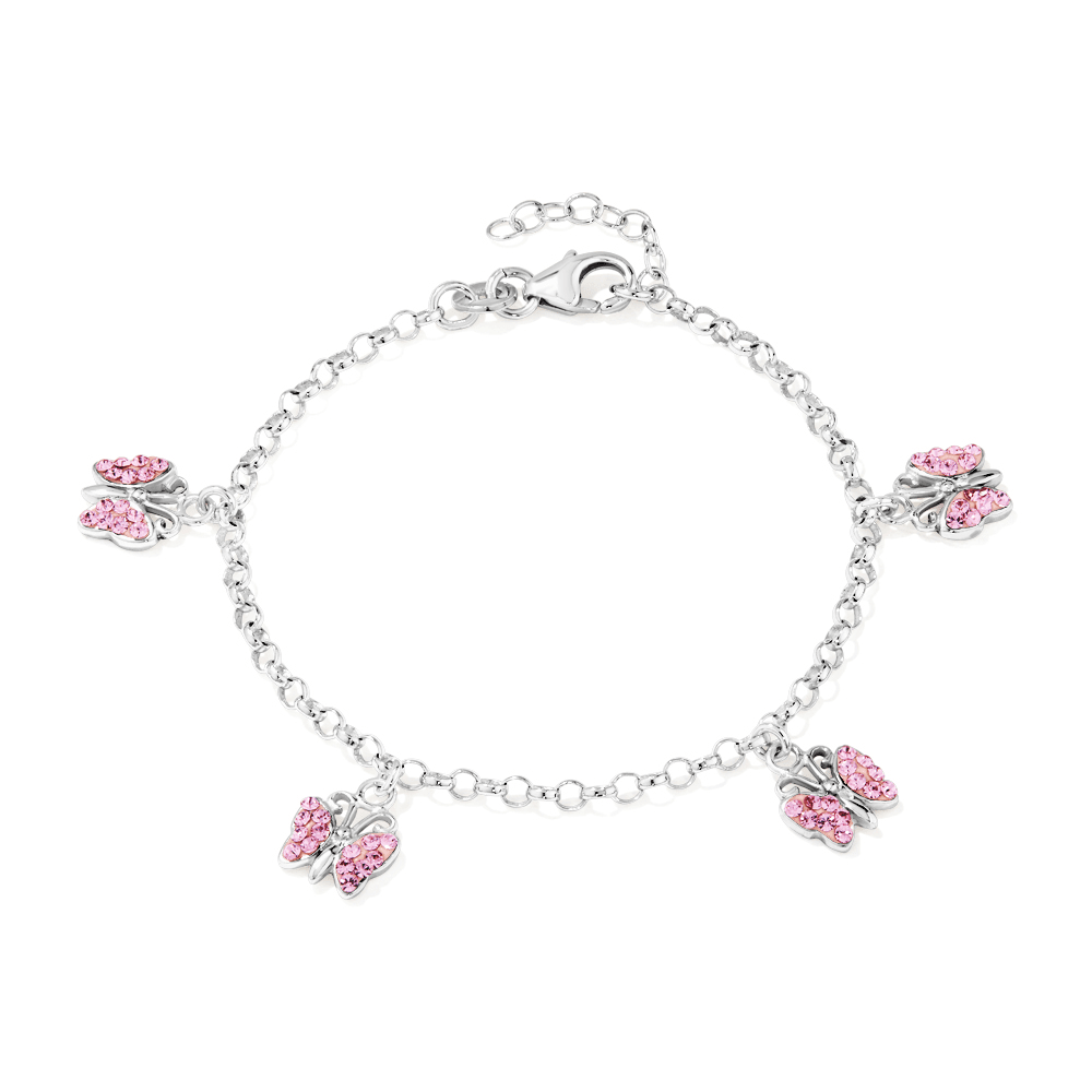16cm Children's Pink Crystal Butterfly Charm Bracelet in Sterling Silver Bracelets Bevilles 