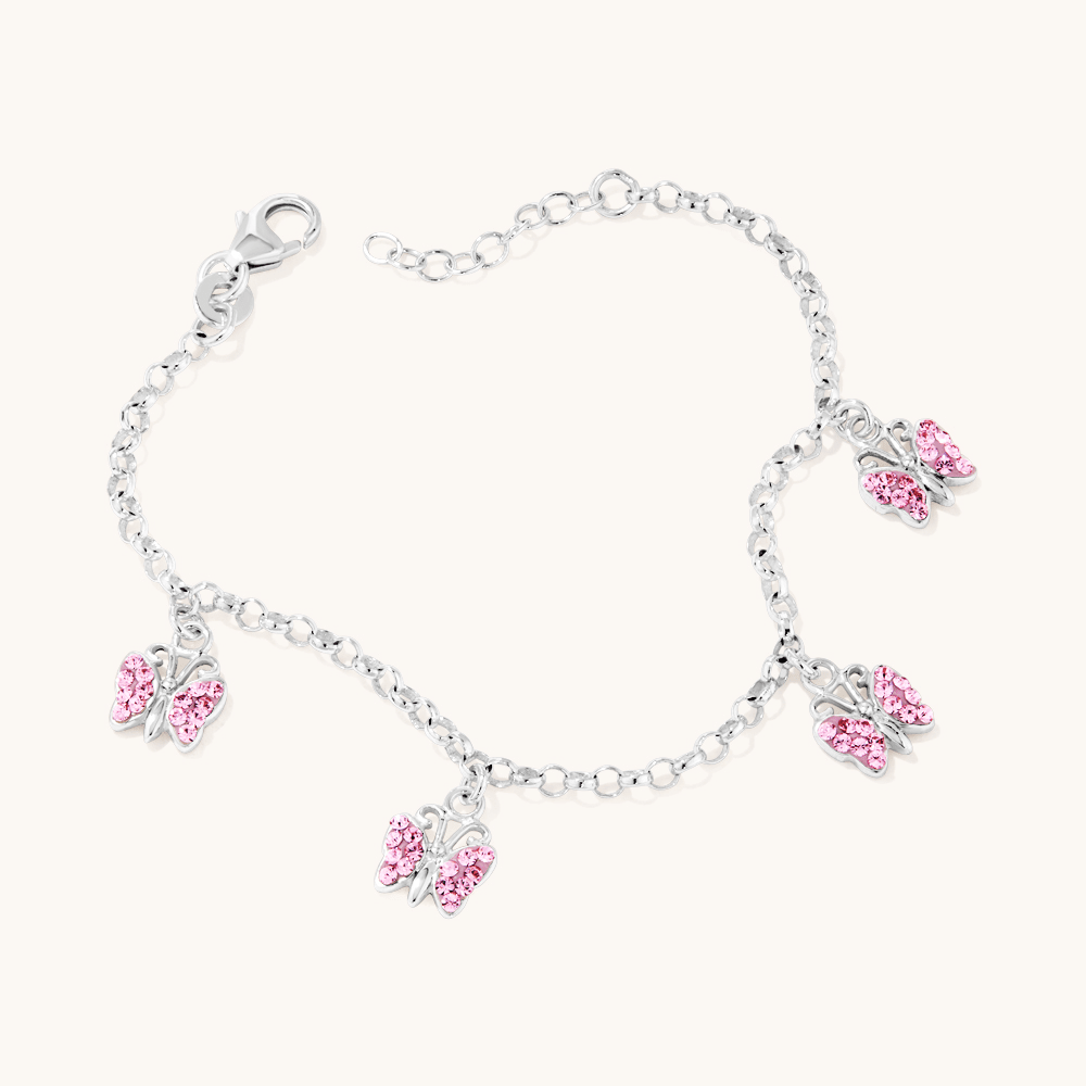 16cm Children's Pink Crystal Butterfly Charm Bracelet in Sterling Silver Bracelets Bevilles 