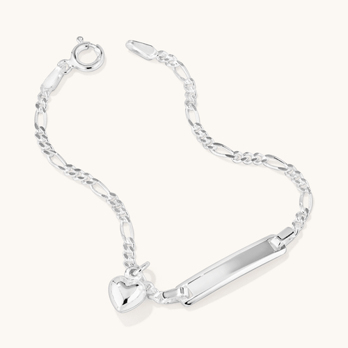 15cm Children's Puff Heart ID Figaro Bracelet in Sterling Silver Bracelets Bevilles 