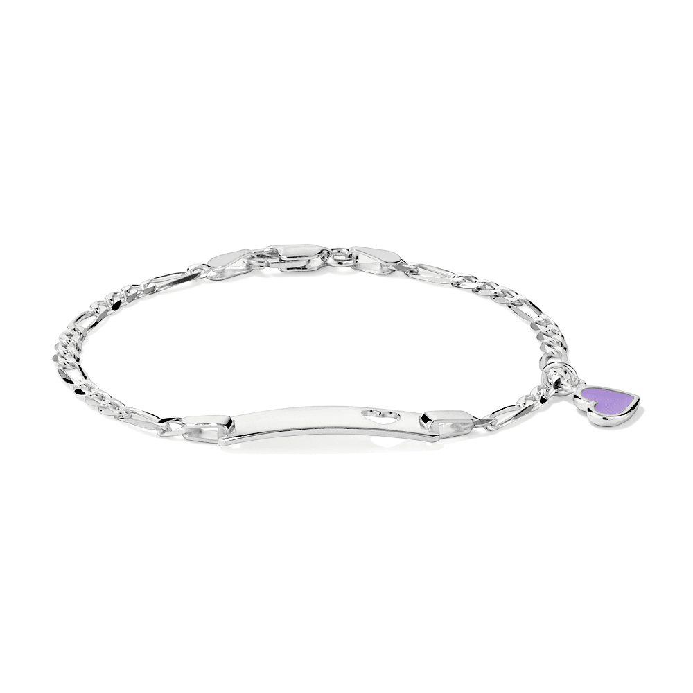 16cm Children's Heart ID Figaro Bracelet in Sterling Silver Purple Bracelets Bevilles 