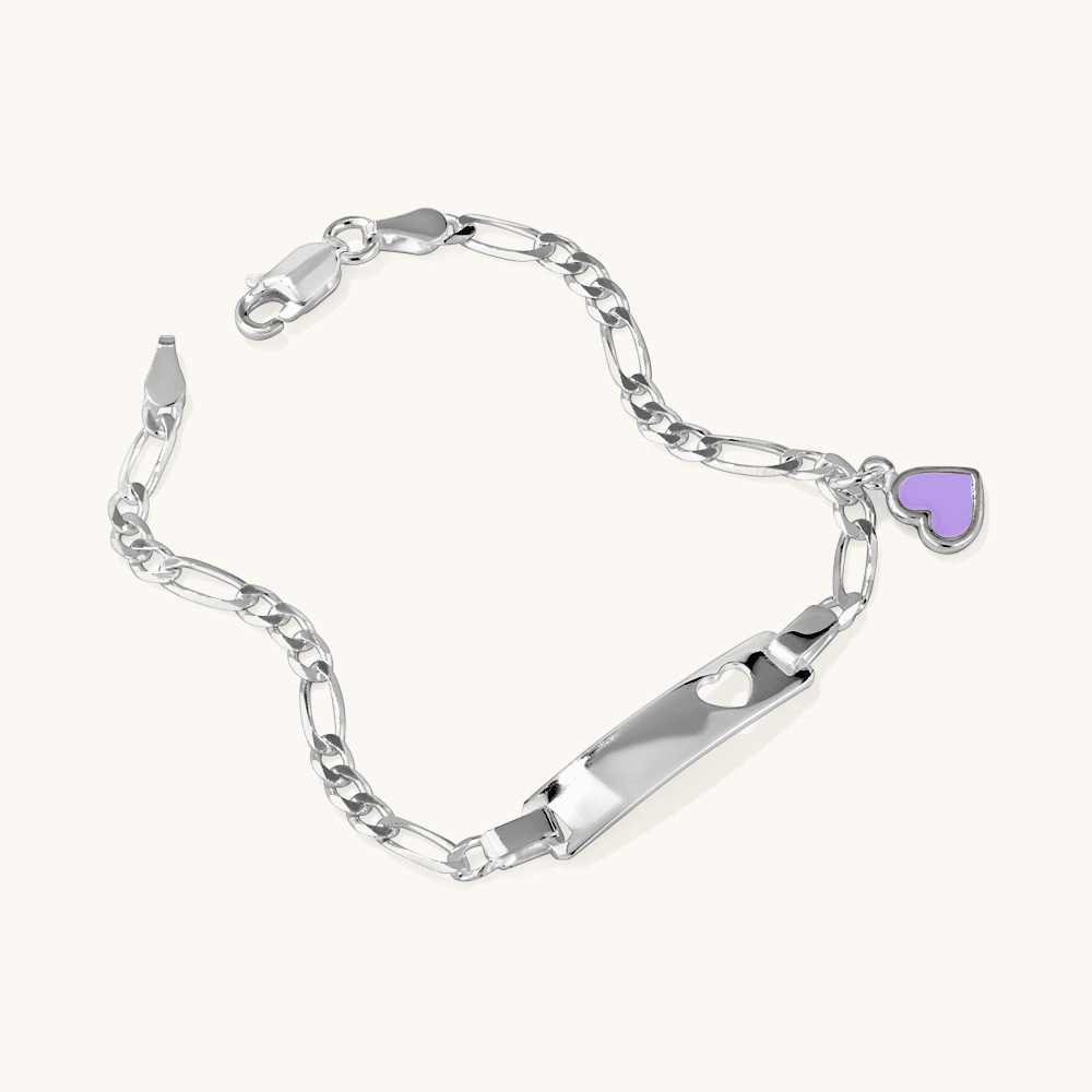 16cm Children's Heart ID Figaro Bracelet in Sterling Silver Purple Bracelets Bevilles 