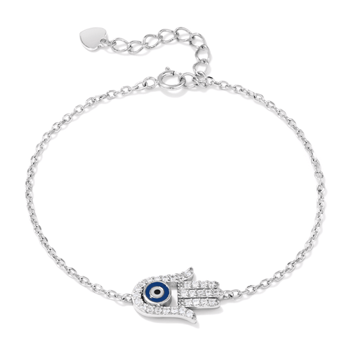 18cm Evil Eye Cubic Zirconia Hamsa Charm Bracelet in Sterling Silver Bracelets Bevilles 