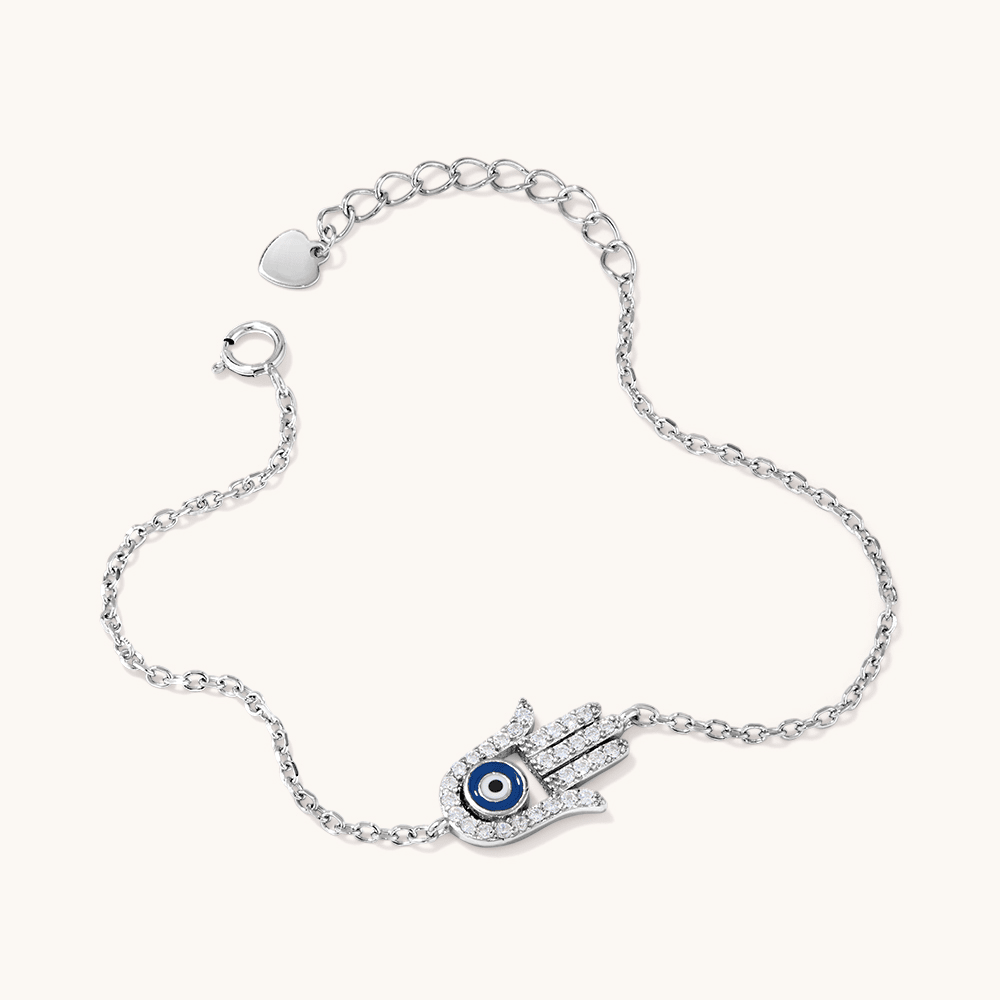 18cm Evil Eye Cubic Zirconia Hamsa Charm Bracelet in Sterling Silver Bracelets Bevilles 