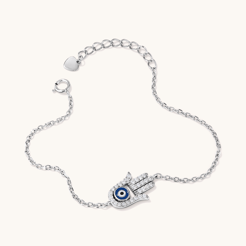 18cm Evil Eye Cubic Zirconia Hamsa Charm Bracelet in Sterling Silver Bracelets Bevilles 