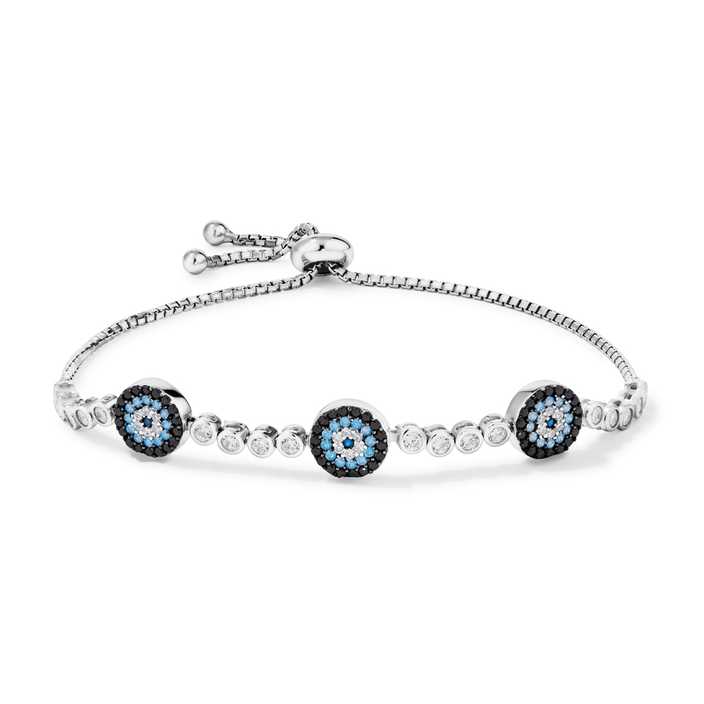 Evil Eye Cubic Zirconia Bolo Bracelet in Sterling Silver Bracelets Bevilles 