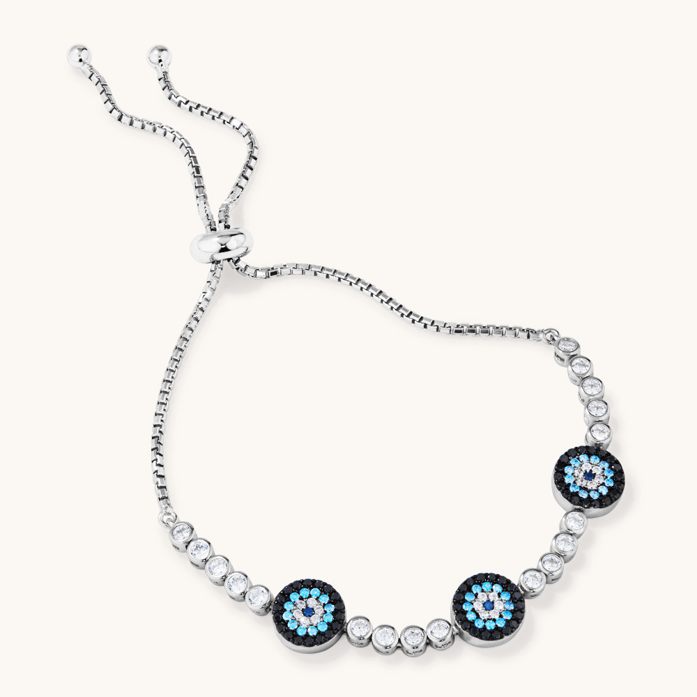 Evil Eye Cubic Zirconia Bolo Bracelet in Sterling Silver Bracelets Bevilles 