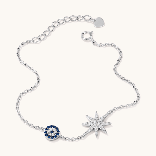 19cm Cubic Zirconia Evil Eye and Eight Point Star Bracelet in Sterling Silver Bracelets Bevilles 