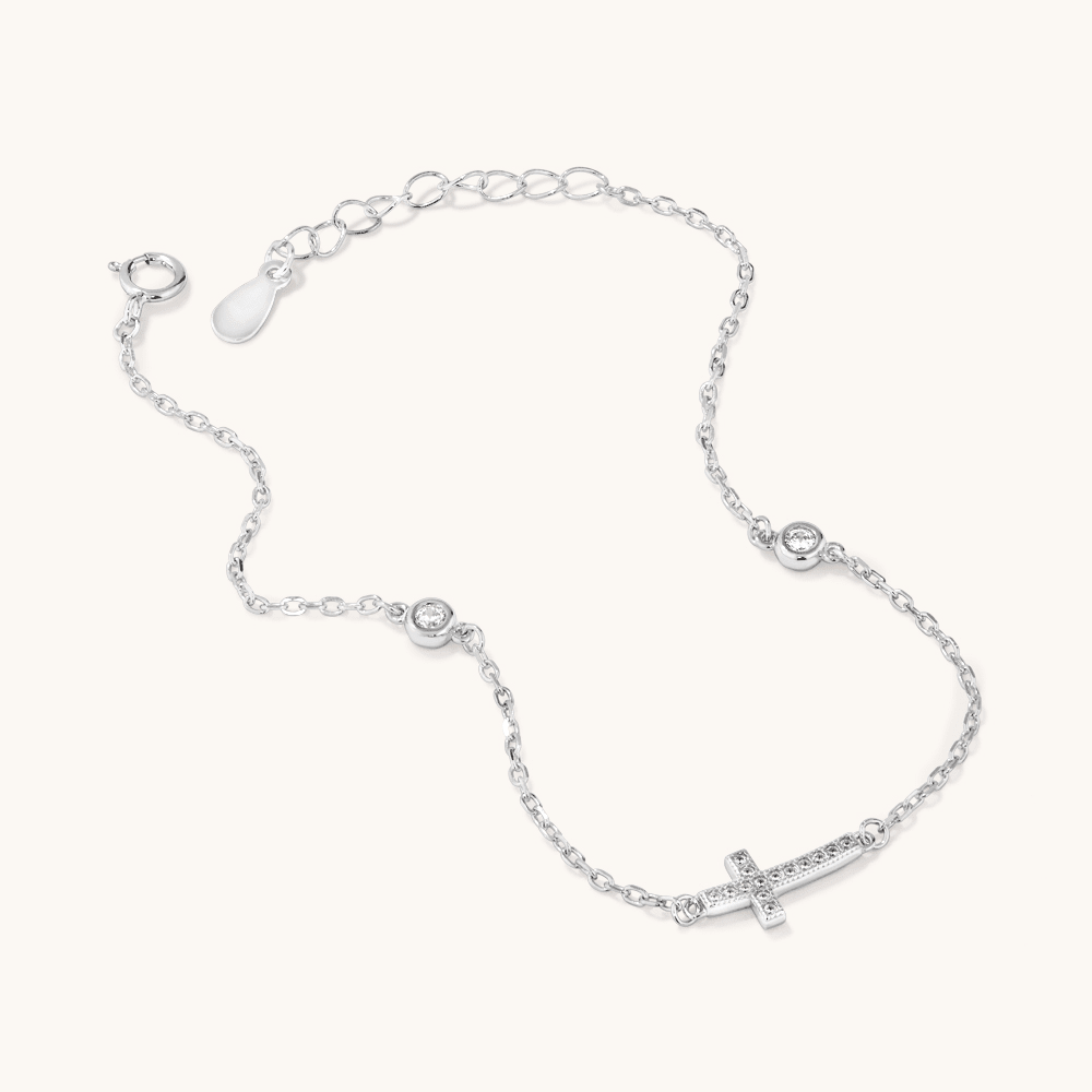 21cm Cubic Zirconia Station Cross Bracelet in Sterling Silver Bracelets Bevilles 