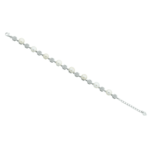 20cm Freshwater Pearl and Flower Cubic Zirconia Bracelet in Sterling Silver Bracelets Bevilles 