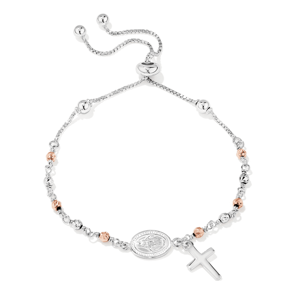 25cm Our Lady Mary Rosary Beads Bolo Bracelet in Rose Gold Plated and Plain Sterling Silver Bracelets Bevilles 