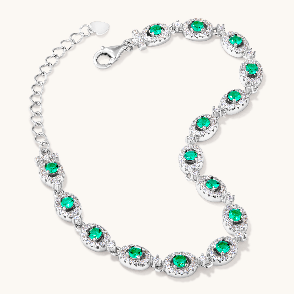 21.5cm 3mm Width Halo Bracelet with Green Cubic Zirconias in Sterling Silver Bracelets Bevilles 
