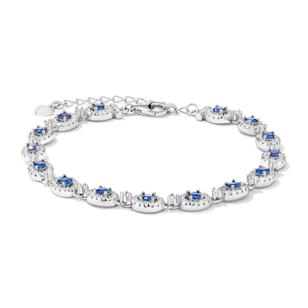 21.5cm 3mm Width Halo Bracelet with Blue Cubic Zirconias in Sterling Silver Bracelets Bevilles 