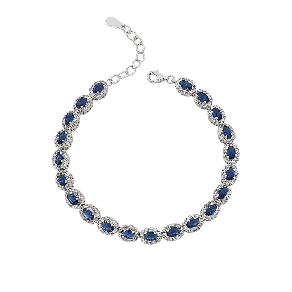 19cm Oval Halo Blue and White Cubic Zirconia Bracelet in Sterling Silver Bracelets Bevilles 