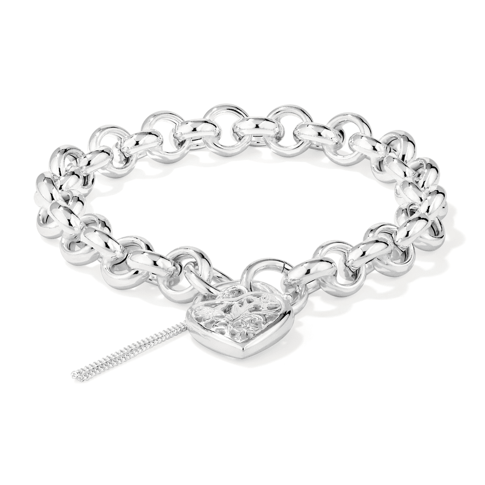 19cm 8mm Width Solid Filigree Heart Round Belcher Bracelet in Sterling Silver Bracelets Bevilles 