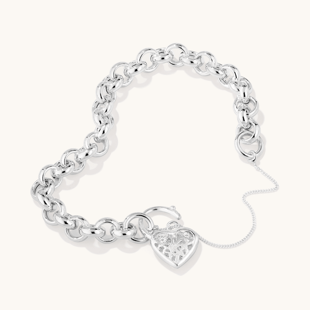 19cm 8mm Width Solid Filigree Heart Round Belcher Bracelet in Sterling Silver Bracelets Bevilles 