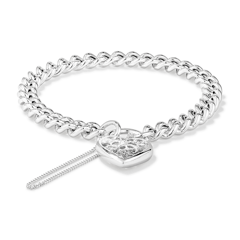 18cm Filigree Heart Padlock Curb Bracelet in Sterling Silver Bracelets Bevilles 