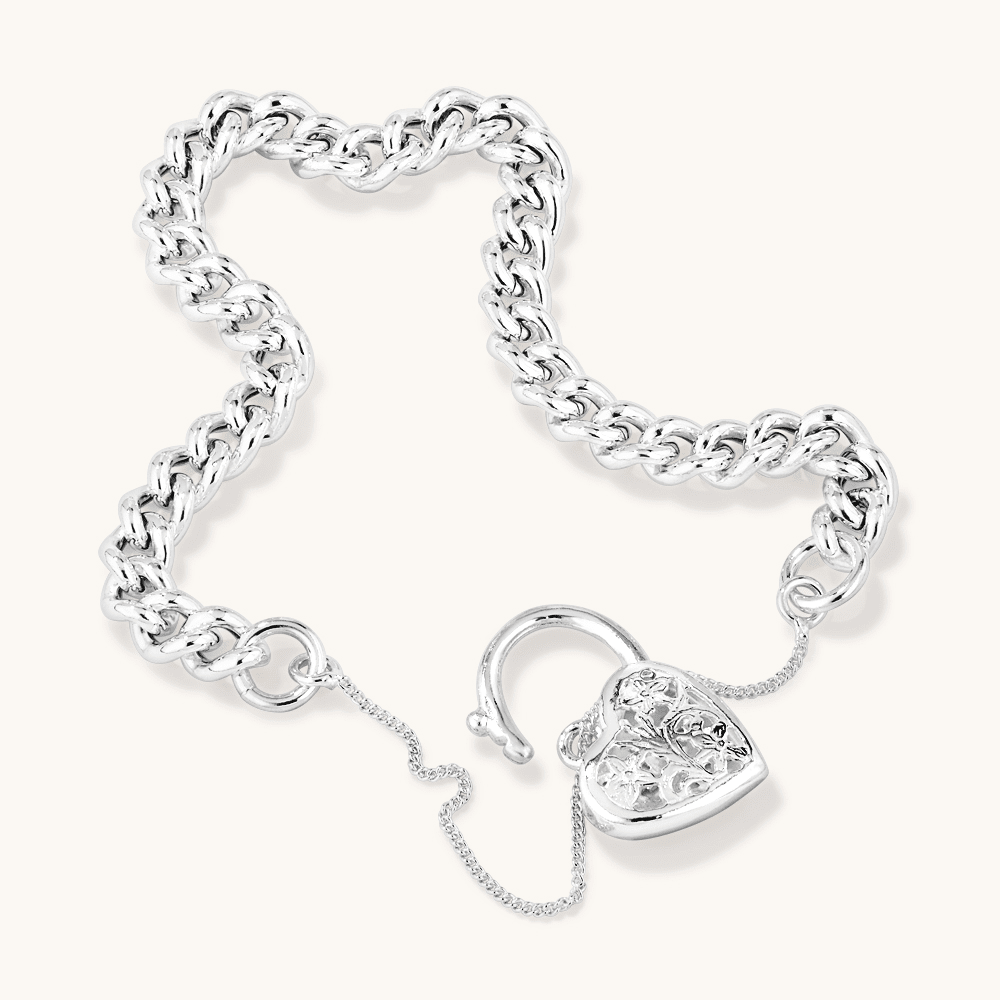 18cm Filigree Heart Padlock Curb Bracelet in Sterling Silver Bracelets Bevilles 