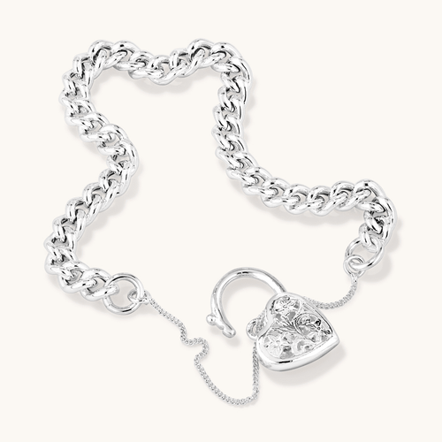 18cm Filigree Heart Padlock Curb Bracelet in Sterling Silver Bracelets Bevilles 