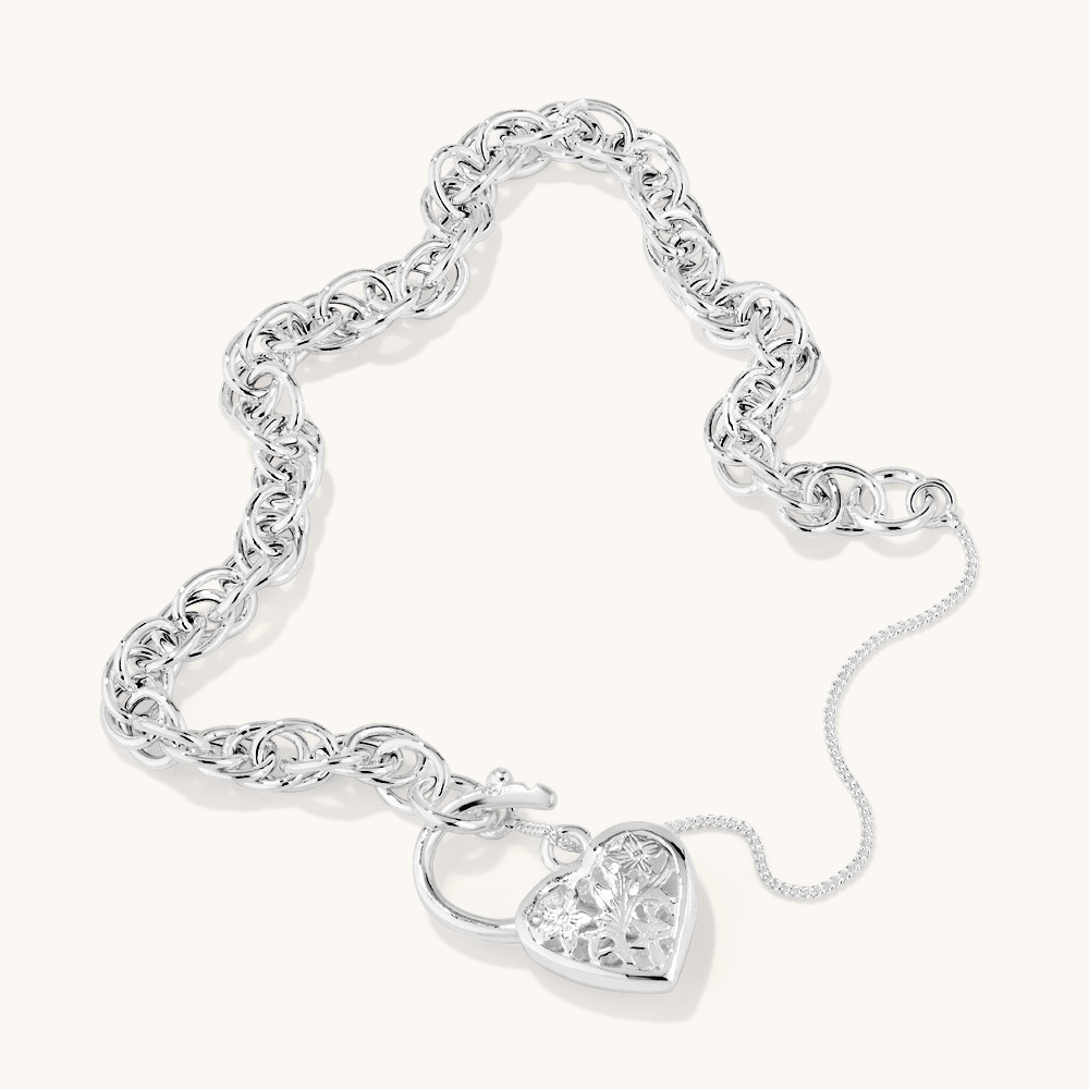 19cm Triple Oval Belcher with Heart Padlock Bracelet in Sterling Silver Bracelets Bevilles 