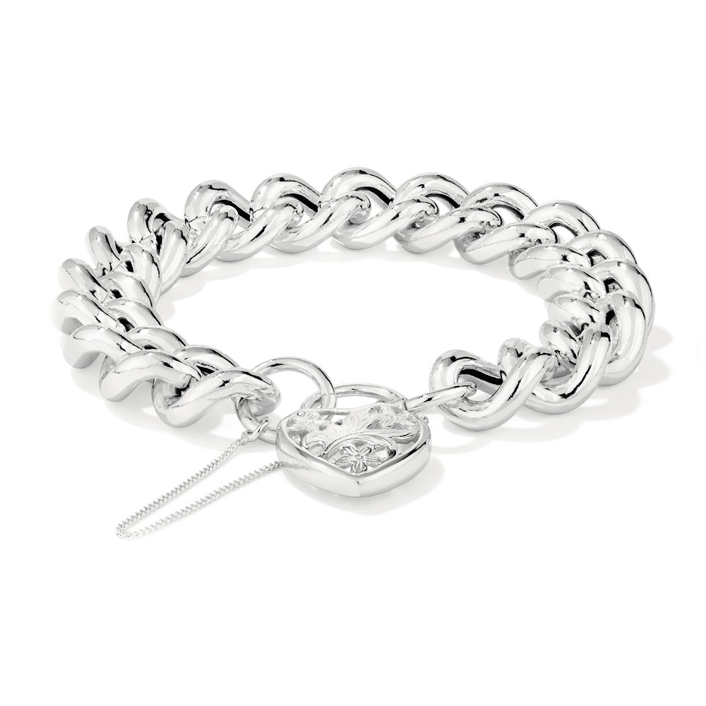 19cm 14mm Width Filigree Heart Padlock Curb Bracelet in Sterling Silver Bracelets Bevilles 