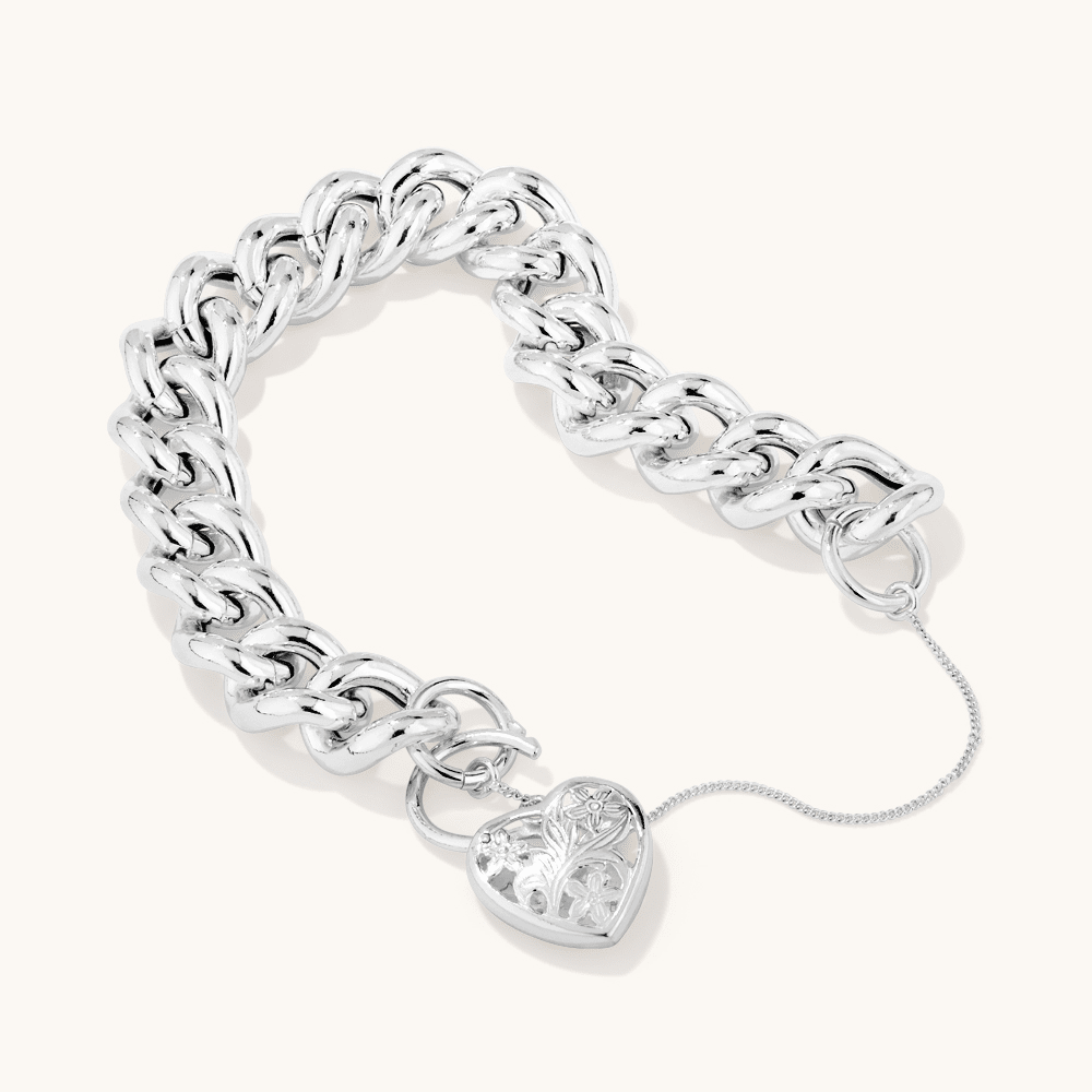 19cm 14mm Width Filigree Heart Padlock Curb Bracelet in Sterling Silver Bracelets Bevilles 
