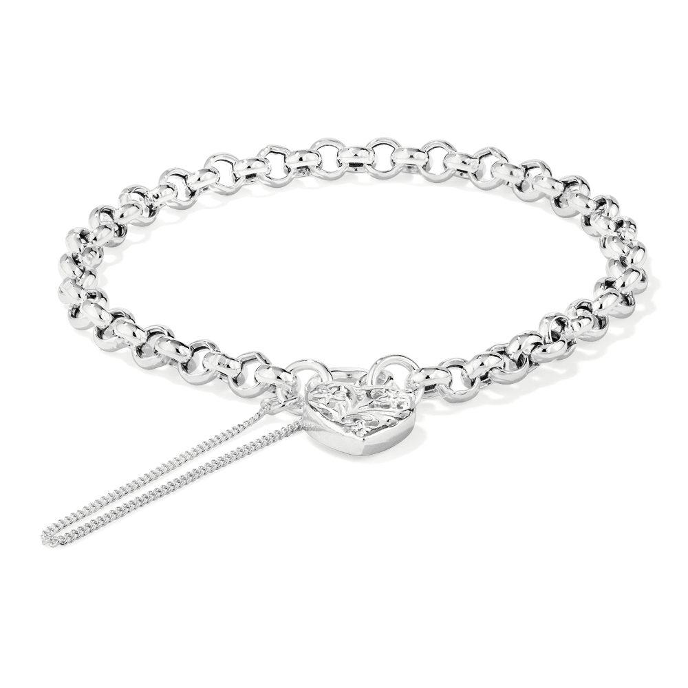19cm Filigree Heart Padlock Belcher Bracelet in Sterling Silver Bracelets Bevilles 