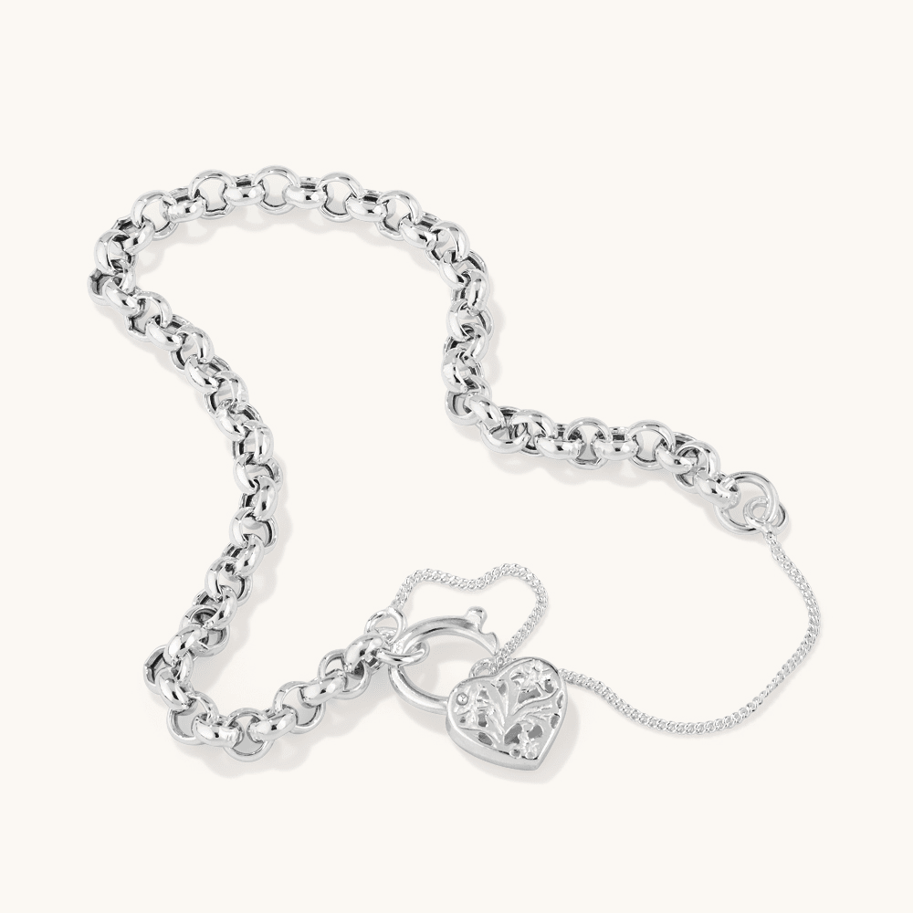19cm Filigree Heart Padlock Belcher Bracelet in Sterling Silver Bracelets Bevilles 