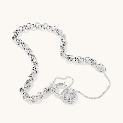 19cm Filigree Heart Padlock Belcher Bracelet in Sterling Silver Bracelets Bevilles 