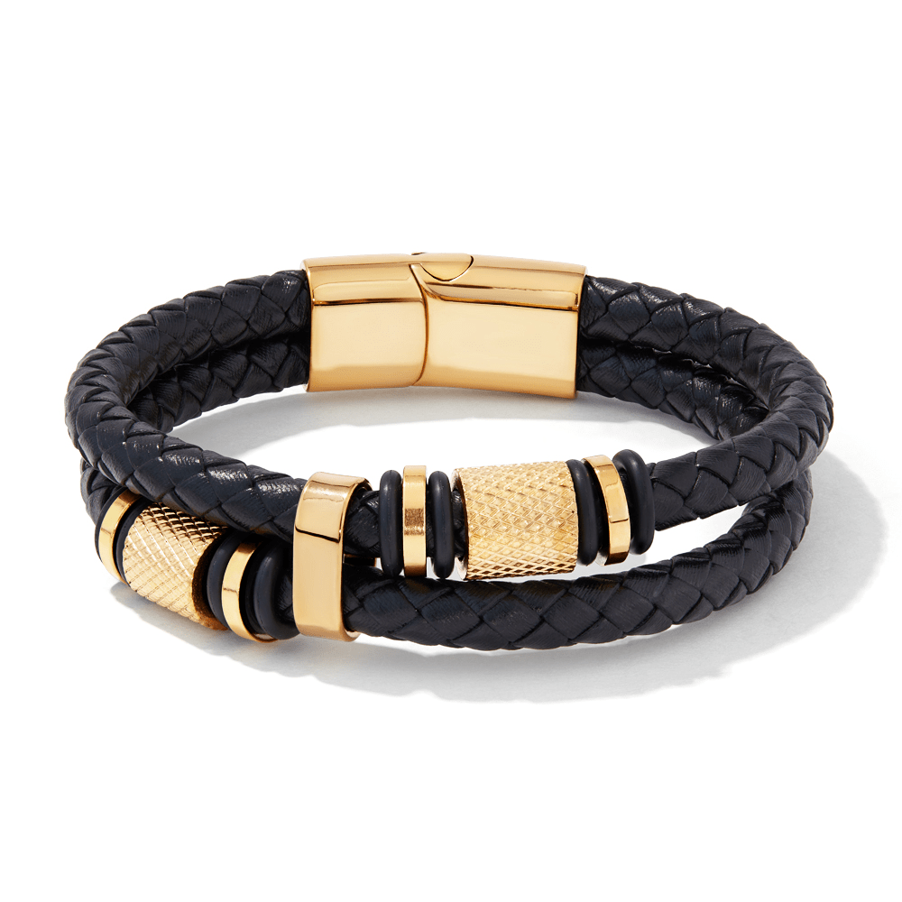 20.5cm Yellow Stainless Steel and Leather Bracelet Bracelets Bevilles 