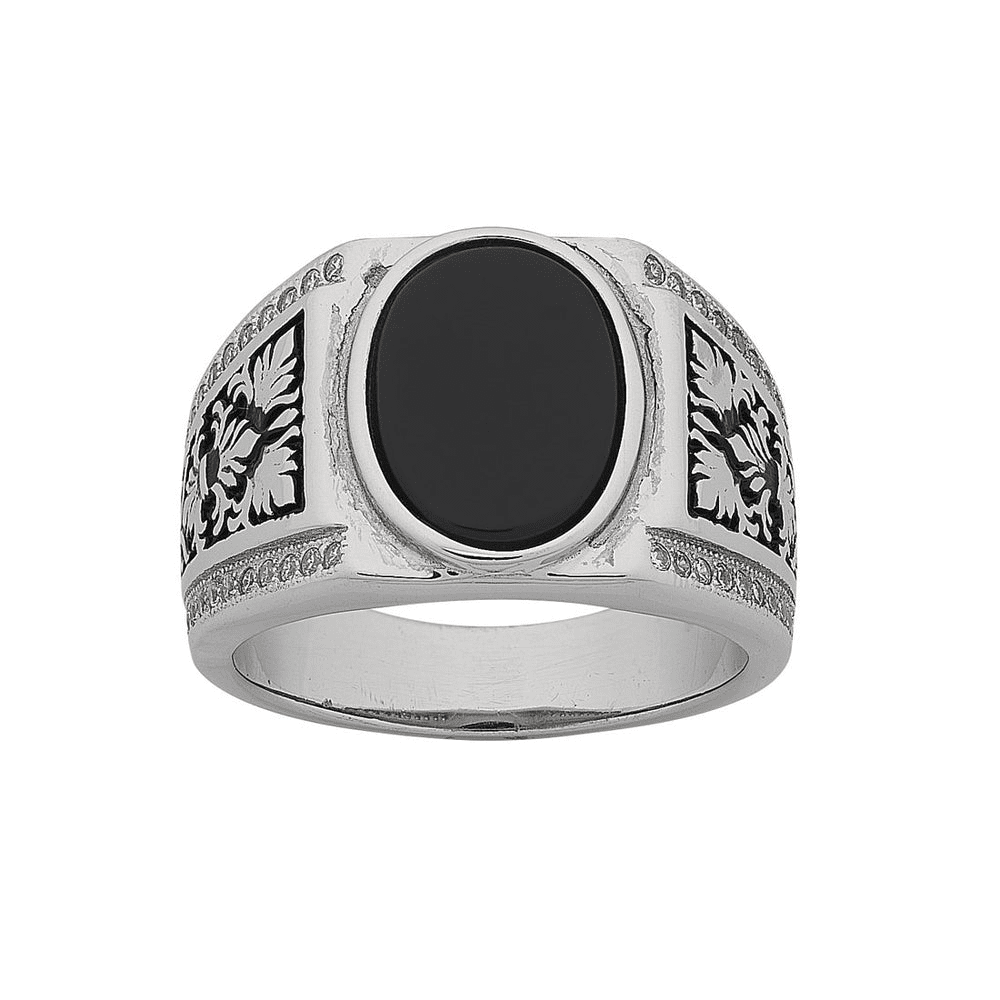 Men's Sterling Silver Black Stone Ring Rings Bevilles 