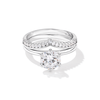 Sterling Silver and Cubic Zirconia Solitaire with Studded V Shaped Band Ring Set Rings Bevilles 