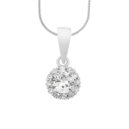 45cm Cubic Zirconia Halo Pendant Necklace in Sterling Silver Pendants Bevilles 