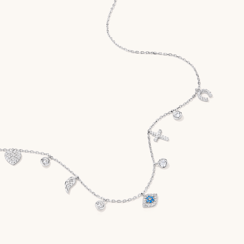 40cm Multi Charm Choker Necklace in Sterling Silver Pendants Bevilles 