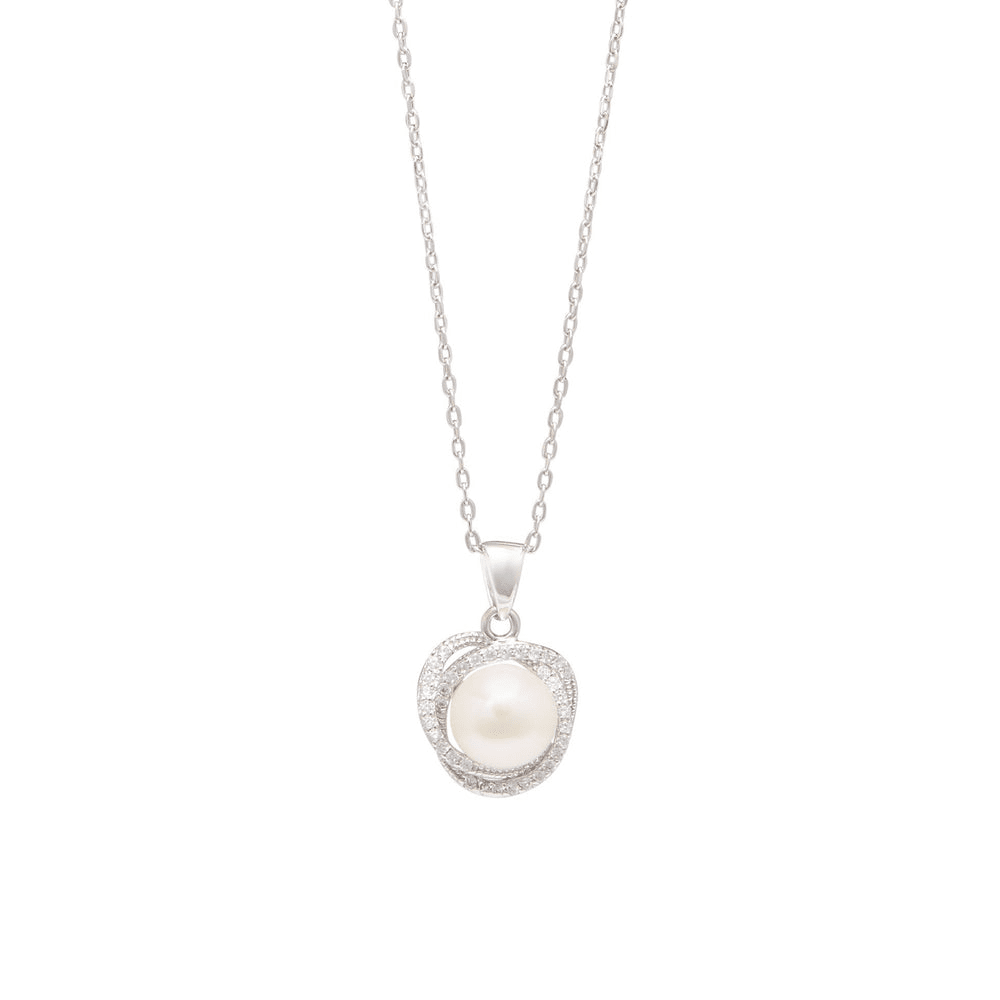 45cm Freshwater Pearl and Cubic Zirconia Halo Swirl Necklace in Sterling Silver Pendants Bevilles 