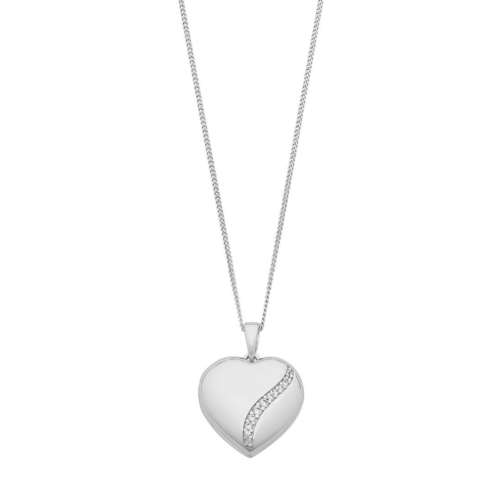 45cm Heart Locket Necklace with Cubic Zirconia detailing in Sterling Silver Pendants Bevilles 