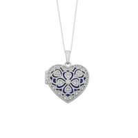 45cm Blue Filigree Cubic Zirconia Heart Locket Necklace in Sterling Silver Pendants Bevilles 