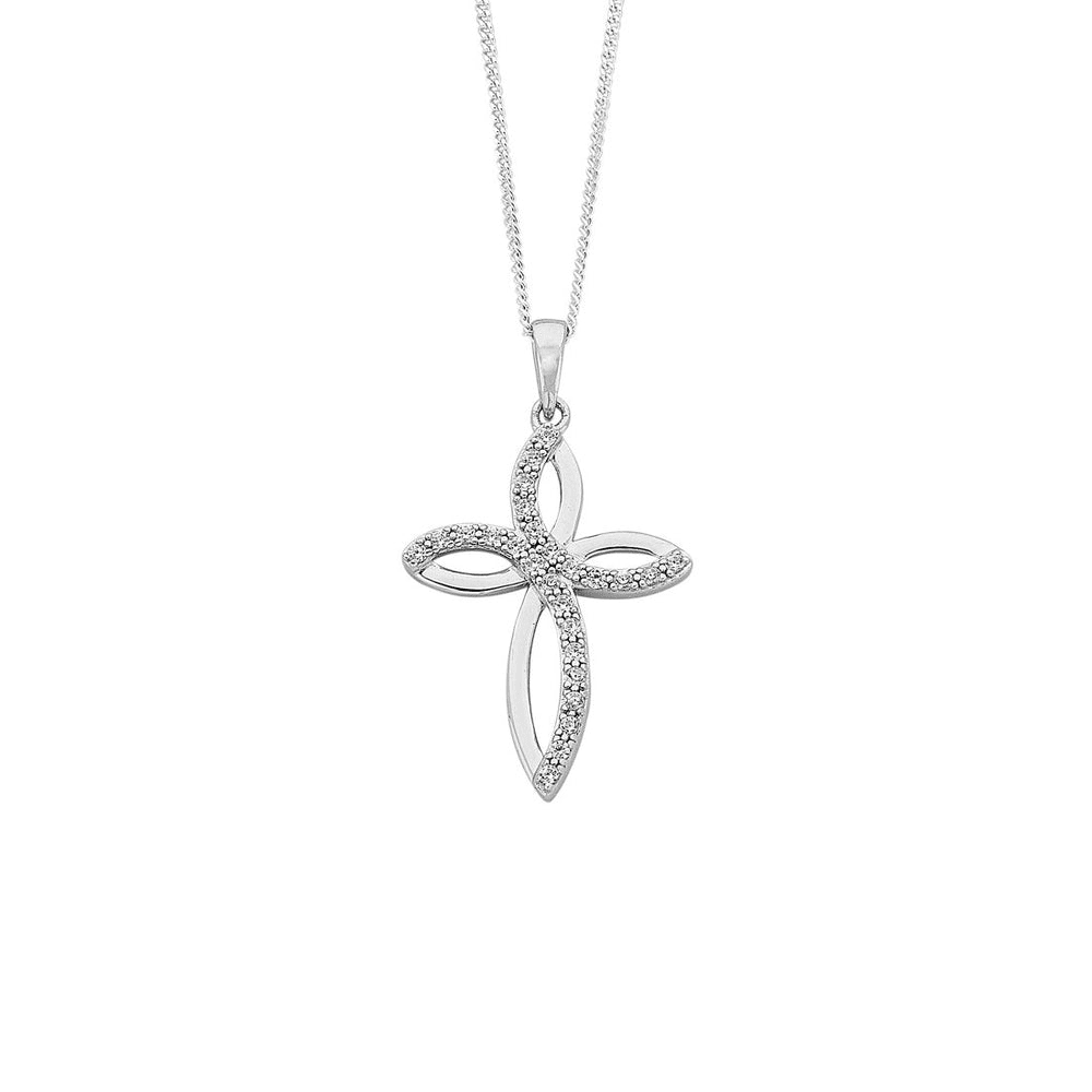 45cm Open Cross Cubic Zirconia Pendant Necklace in Sterling Silver Pendants Bevilles 