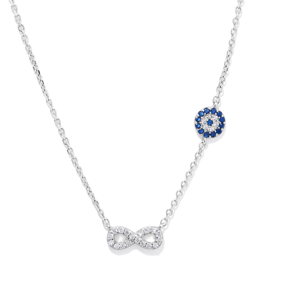 45cm Cubic Zirconia Infinity and Evil Eye Necklace in Sterling Silver Pendants Bevilles 