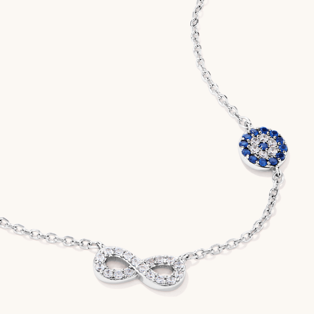 45cm Cubic Zirconia Infinity and Evil Eye Necklace in Sterling Silver Pendants Bevilles 