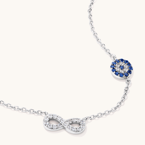 45cm Cubic Zirconia Infinity and Evil Eye Necklace in Sterling Silver Pendants Bevilles 