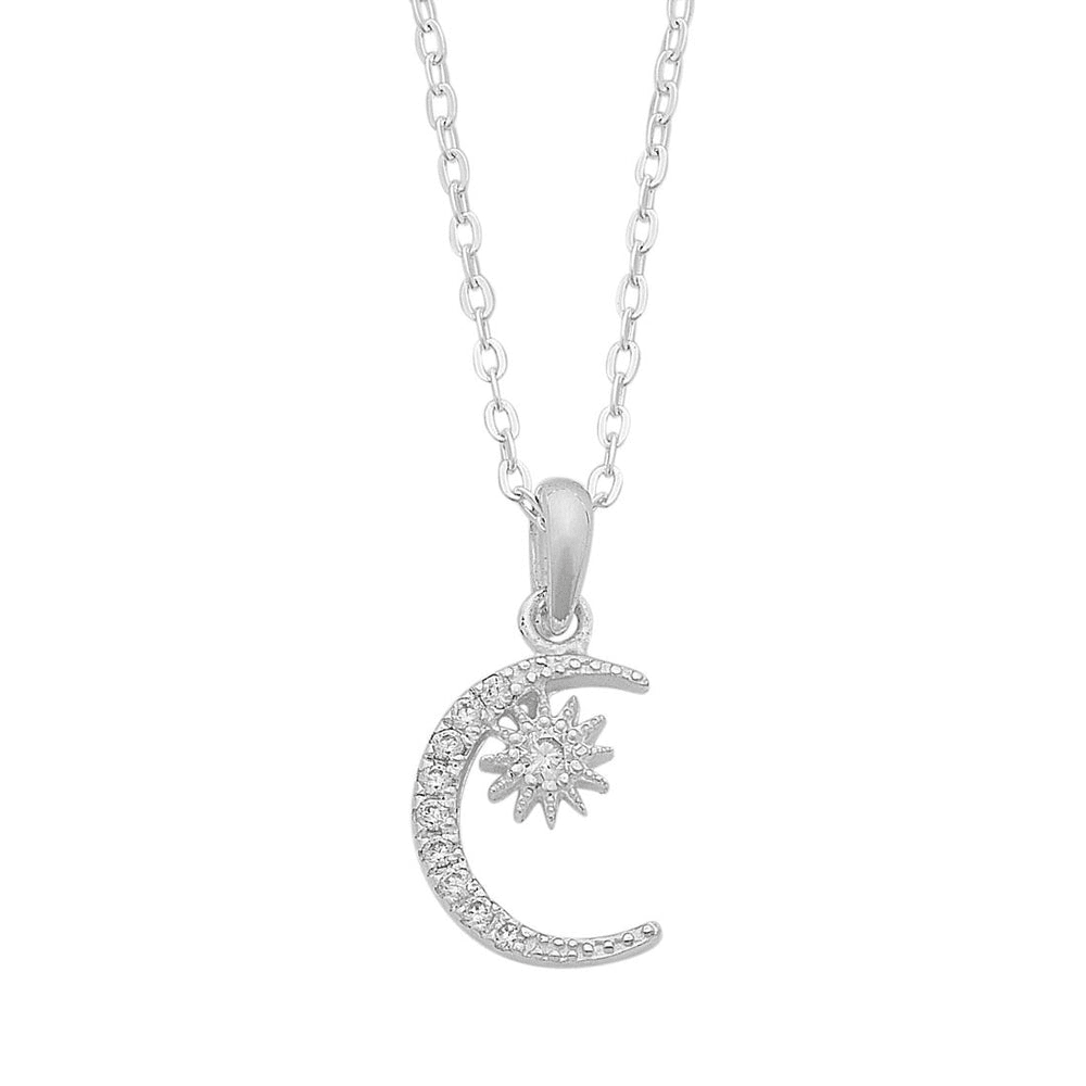 45cm Cubic Zirconia Moon and Sun Necklace in Sterling Silver Pendants Bevilles 