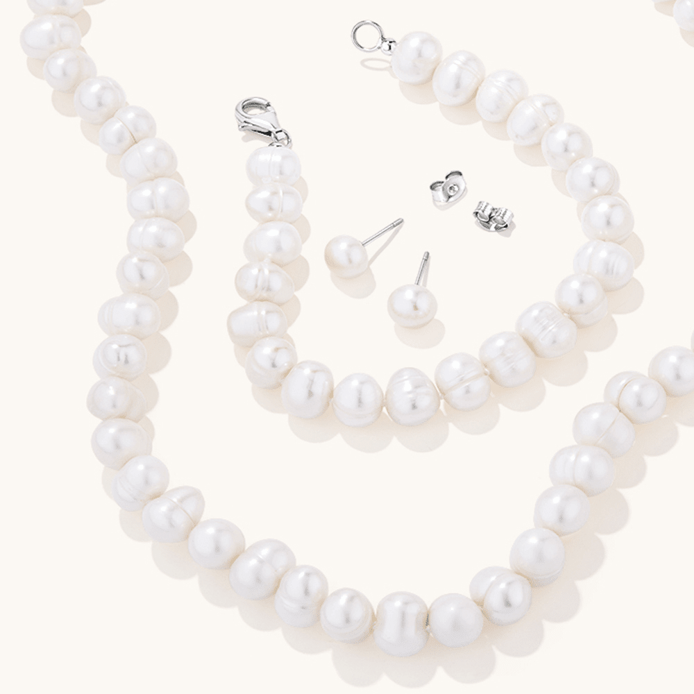 White Freshwater Pearl Necklace, Bracelet and Earring Set in Sterling Silver Pendants Bevilles 