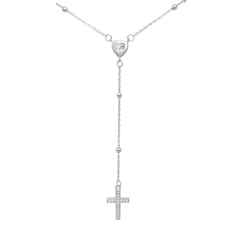 45cm Cross and Heart Rosary Necklace with Cubic Zirconia in Sterling Silver Necklaces Bevilles 