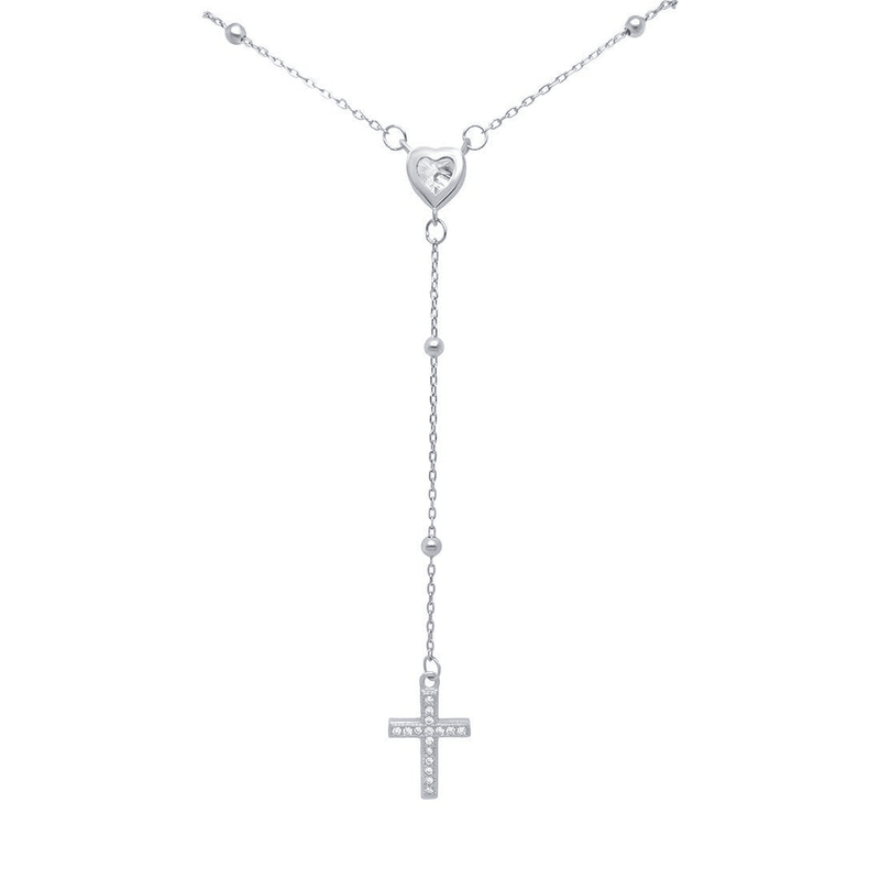 45cm Cross and Heart Rosary Necklace with Cubic Zirconia in Sterling Silver Necklaces Bevilles 