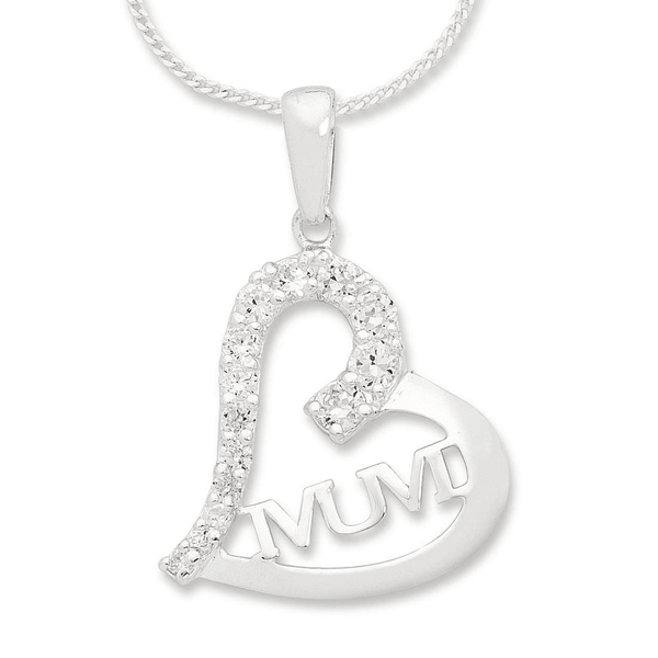 45cm Sterling Silver White Cubic Zirconia Mum Heart Necklace Bevilles Jewellers 