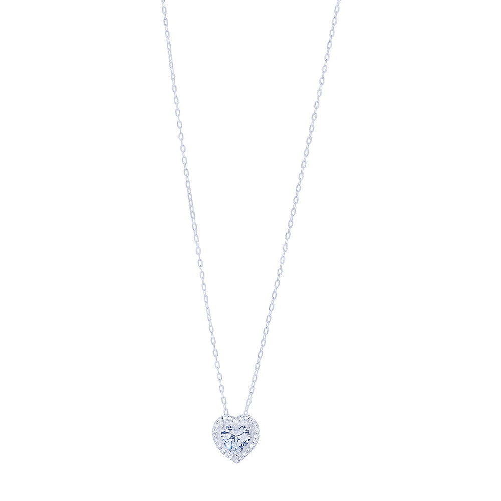 42cm Cubic Zirconia Heart Shape Halo Necklace in Sterling Silver Pendants Bevilles 