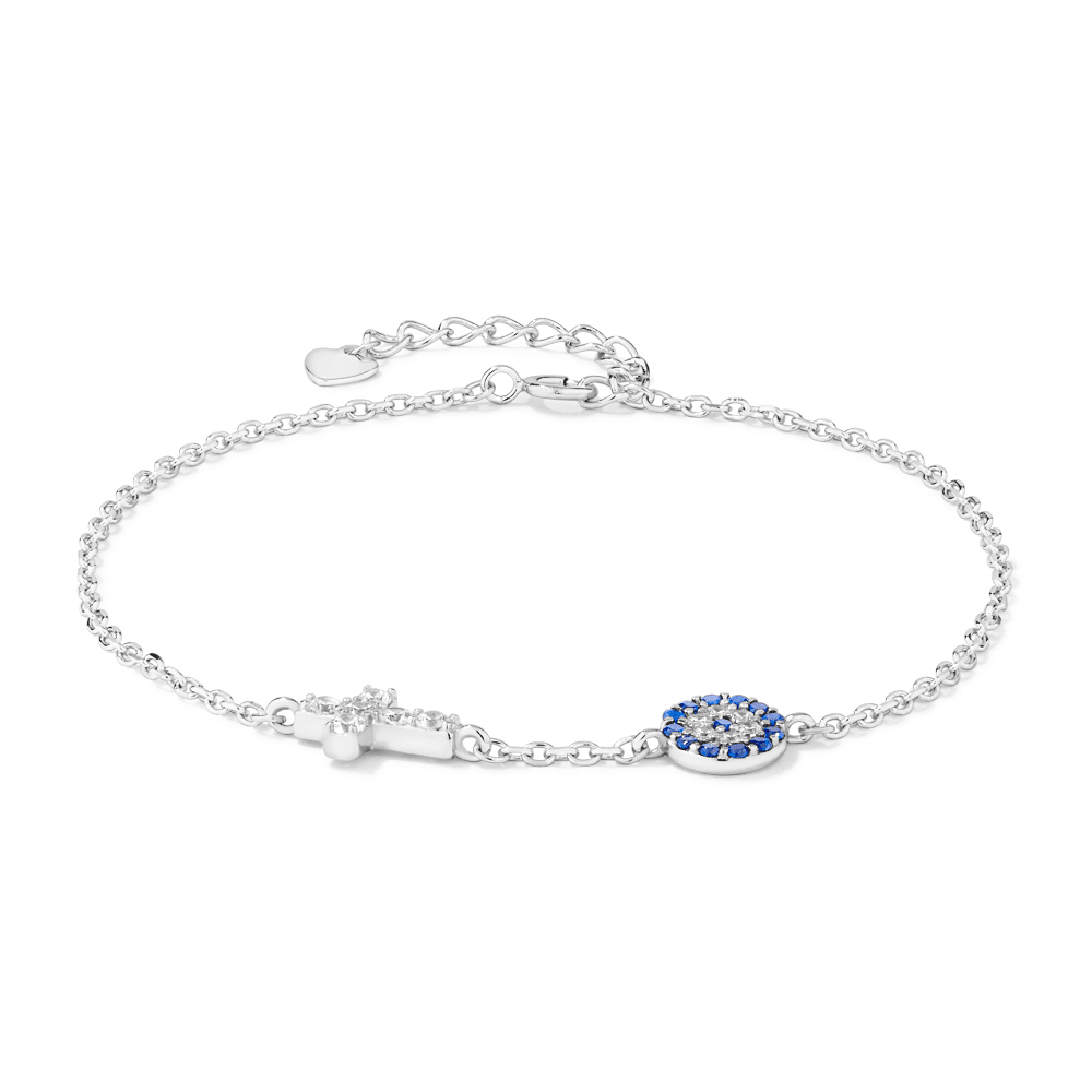 19cm Station Cubic Zirconia Evil Eye and Cross Bracelet in Sterling Silver Bracelets Bevilles 