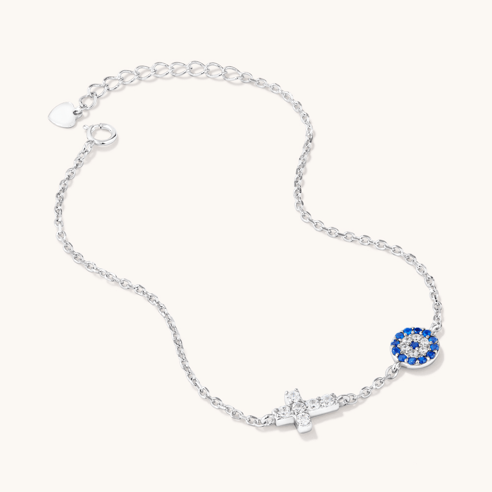 19cm Station Cubic Zirconia Evil Eye and Cross Bracelet in Sterling Silver Bracelets Bevilles 