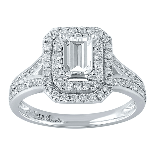 Love by Michelle Beville Emerald Double Halo Solitaire Ring with 1.00tw of Diamonds in 18kt White Gold Rings Bevilles 